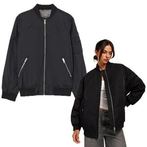 Wilfred Free Aritzia Zip Up Bomber Varsity Black Quilted Jacket